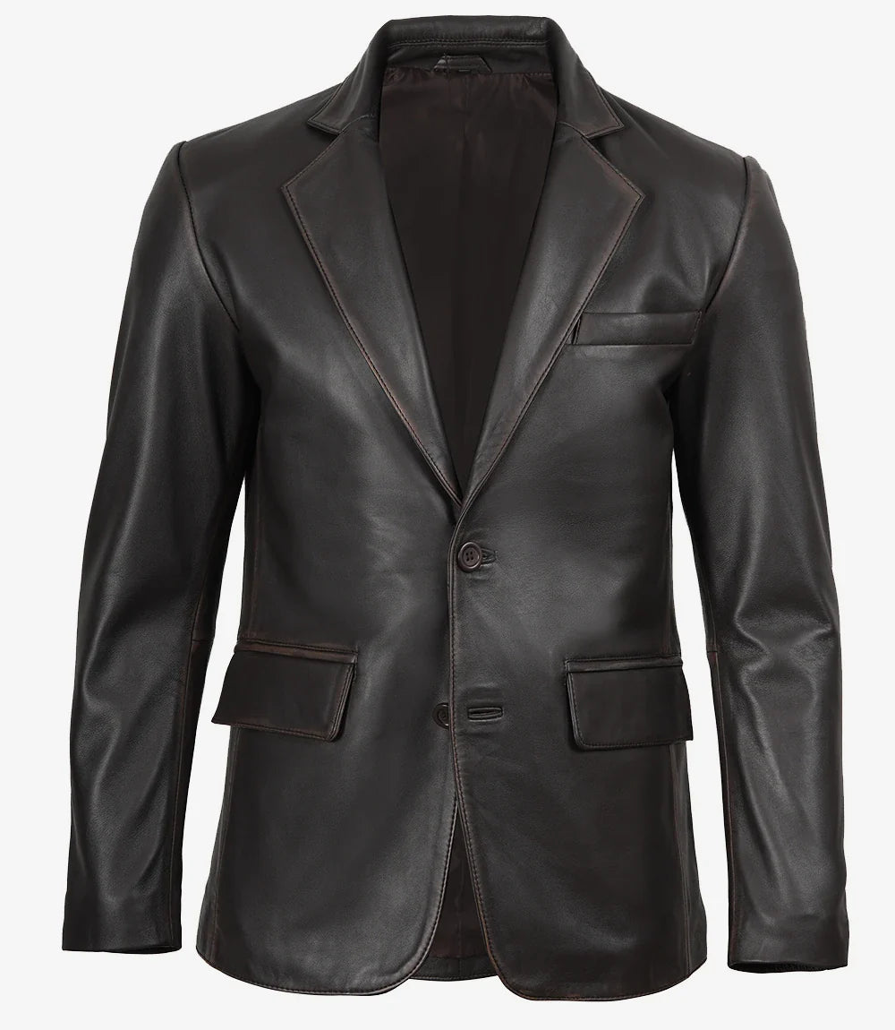 Mens Notch Lapel Distressed Brown Leather Blazer - Two Button