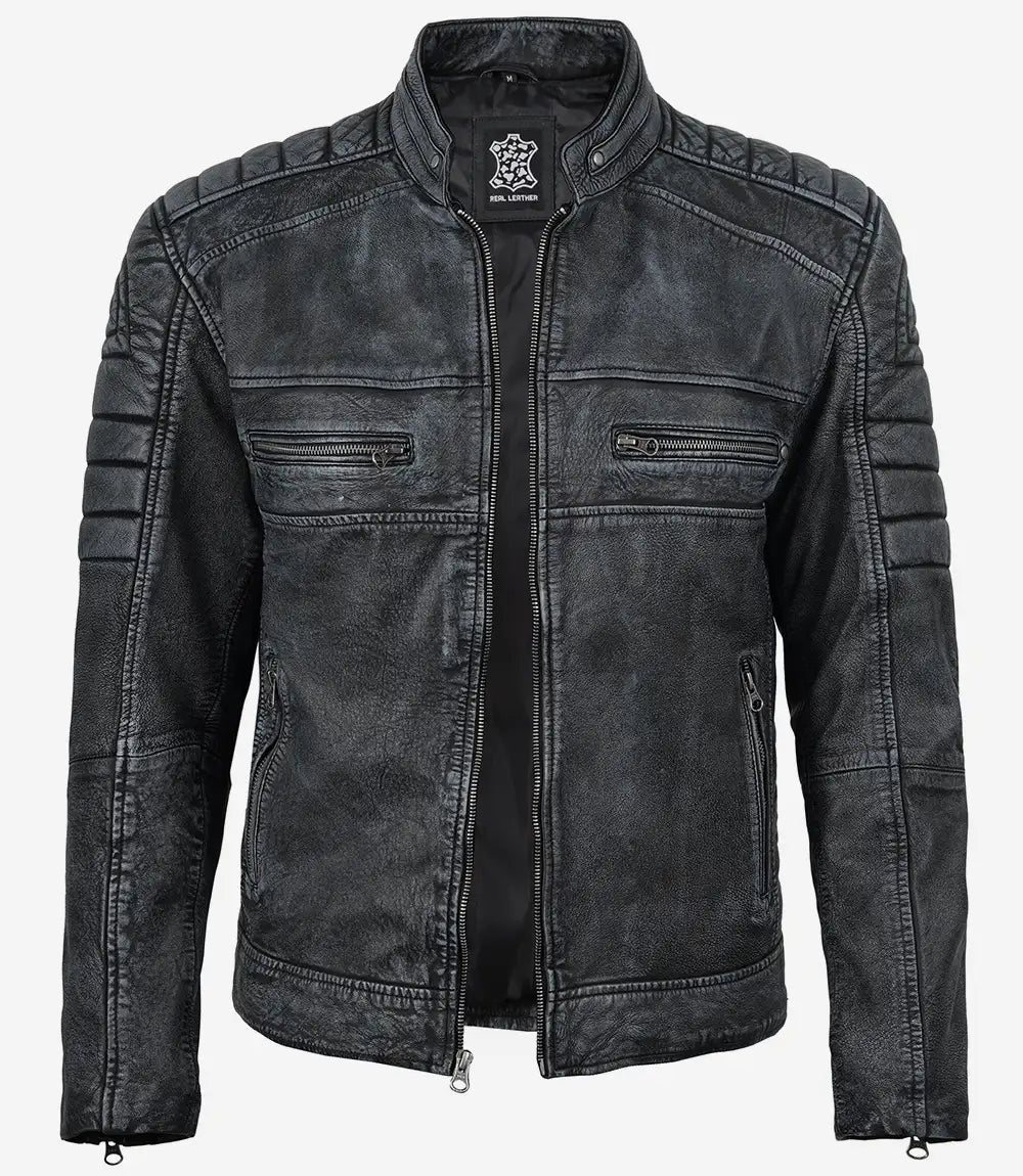 Men's Distressed Washed Black Cafe Racer Style Leather Jacket
