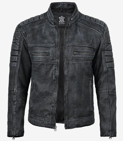 Men's Distressed Washed Black Cafe Racer Style Leather Jacket