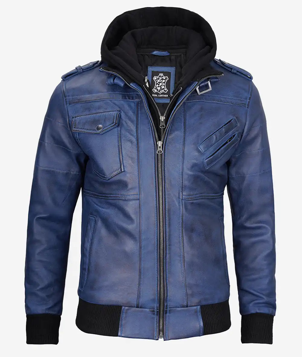 Men's Blue Wax Leather Bomber Jacket With Removable Hood