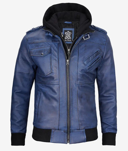 Men's Blue Wax Leather Bomber Jacket With Removable Hood