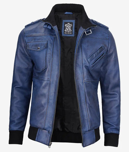 Men's Blue Wax Leather Bomber Jacket With Removable Hood