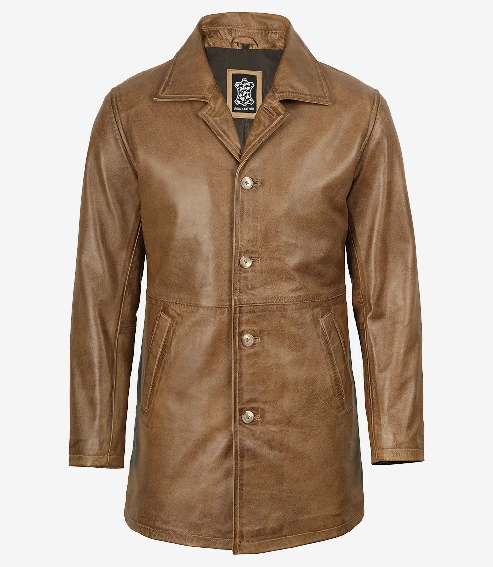 Men's Camel Brown 3/4 Length Leather Coat