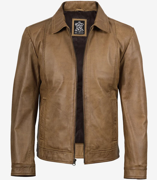 Mens Yellow Waxed Shirt Collar Harrington Leather Jacket