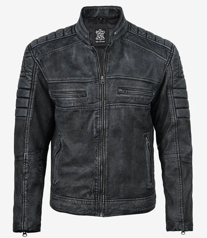 Men's Distressed Washed Black Leather Cafe Racer Jacket