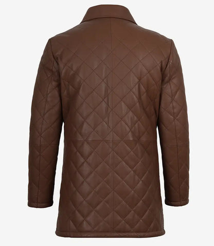 Men's Cognac Diamond Quilted Leather Car Coat With Black Detailing
