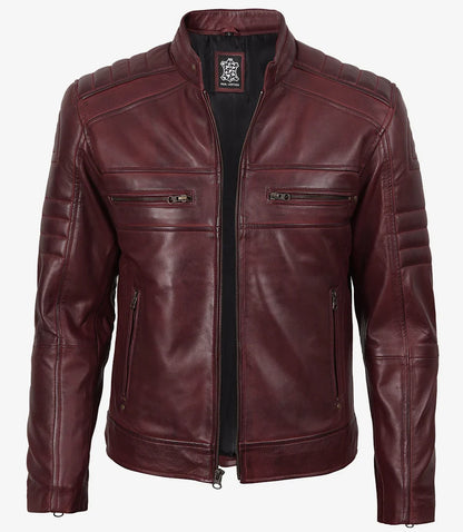 Mens Biker Style Burgundy Leather Jacket