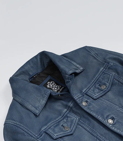 Men's Blue Washed Distress Leather Trucker Jacket - Denim Style