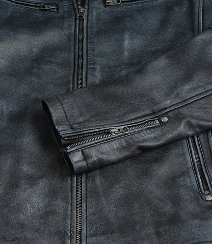 Mens Black Washed Leather Biker Style Jacket