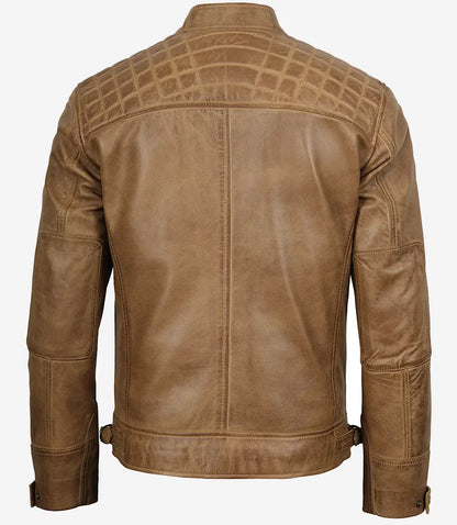 Men's Quilted Shoulder Camel Brown Biker Style Leather Jacket