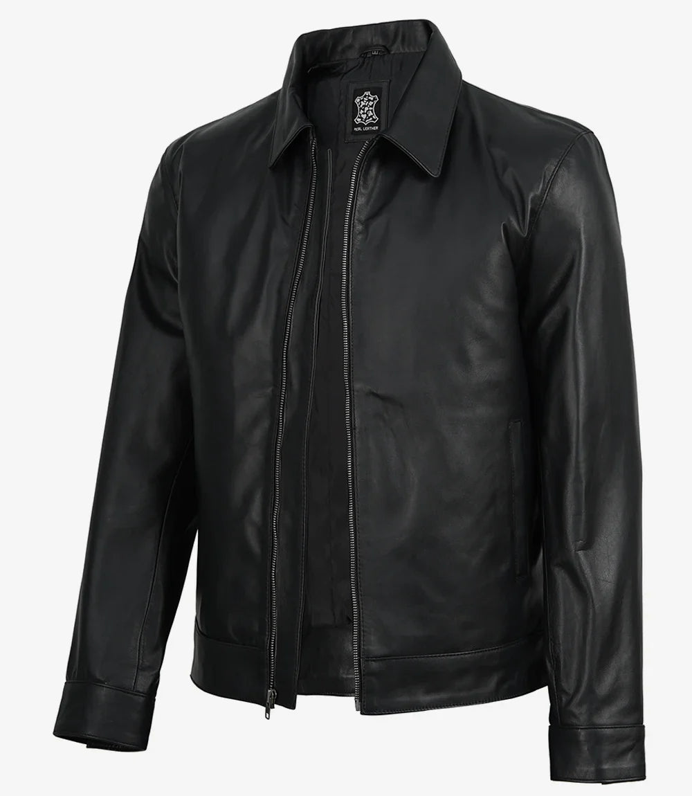 Michael Men's Black Cowhide Leather Jacket with Shirt Collar