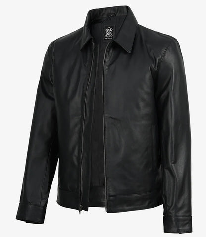 Michael Men's Black Cowhide Leather Jacket with Shirt Collar