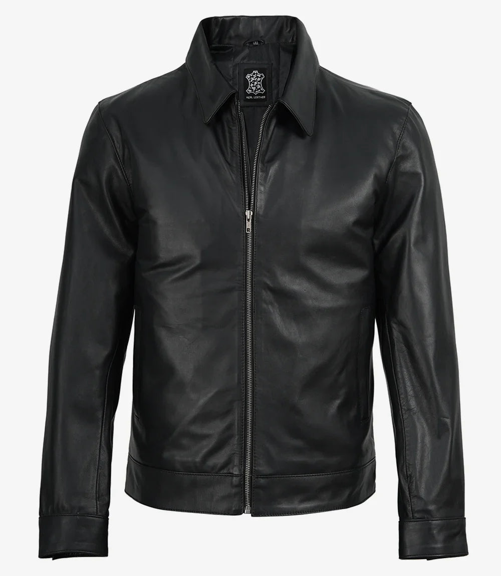 Michael Men's Black Cowhide Leather Jacket with Shirt Collar