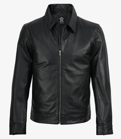 Michael Men's Black Cowhide Leather Jacket with Shirt Collar