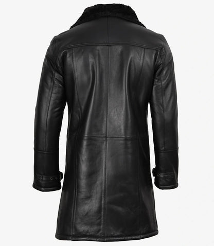 Men's Black 3/4 Length Shearling Leather Coat