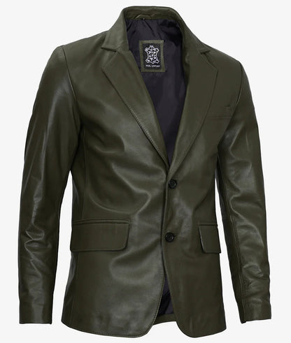 Mens Two Button Olive Green Leather Blazer