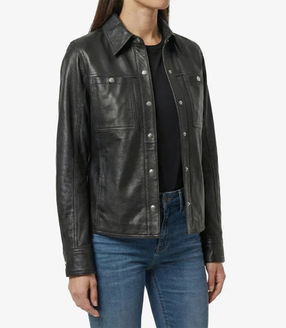 Women’s Minimalist Black Lambskin Leather Shacket – Snap-Button Closure