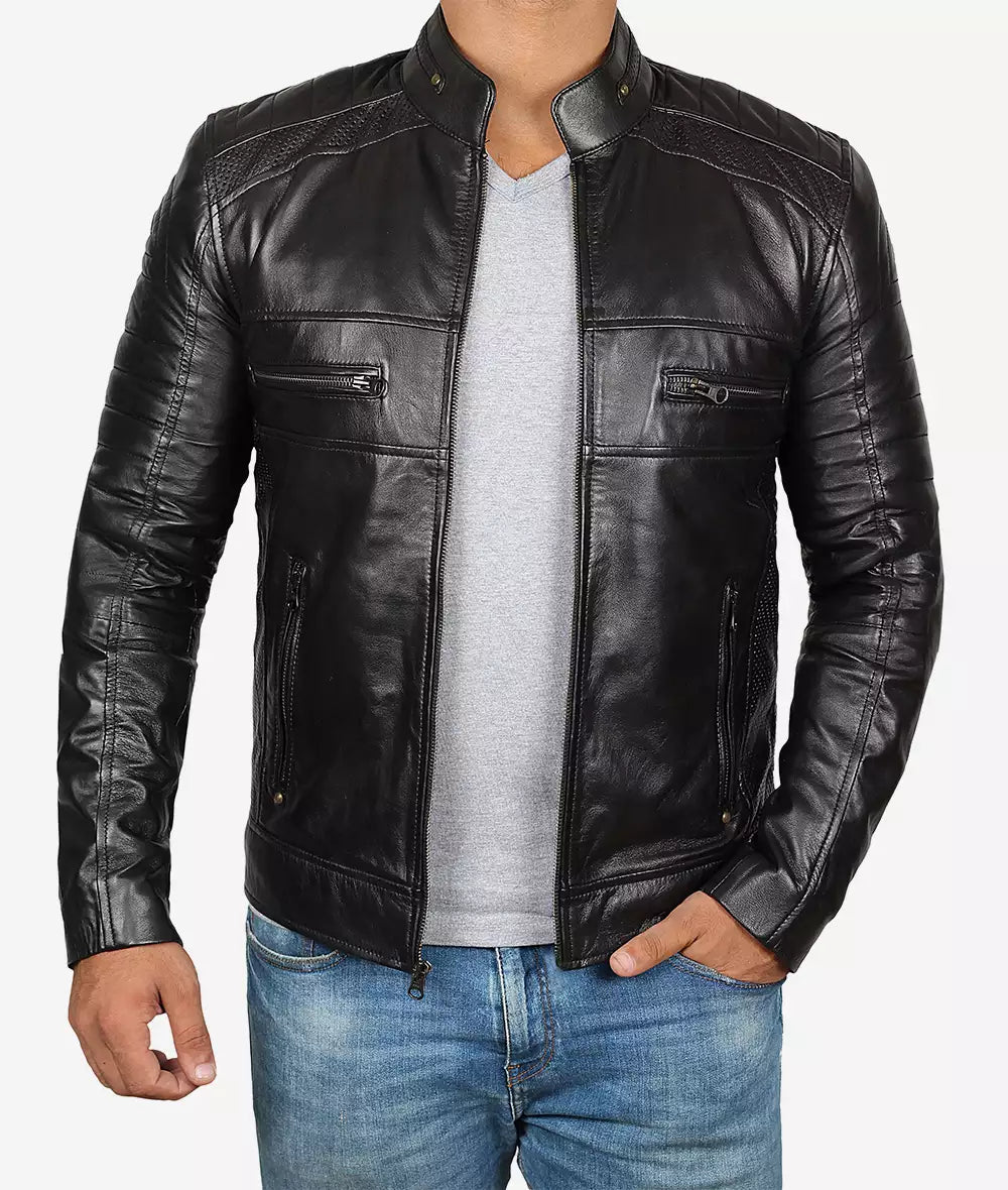 Men's Tall Biker Style Black Leather Jacket