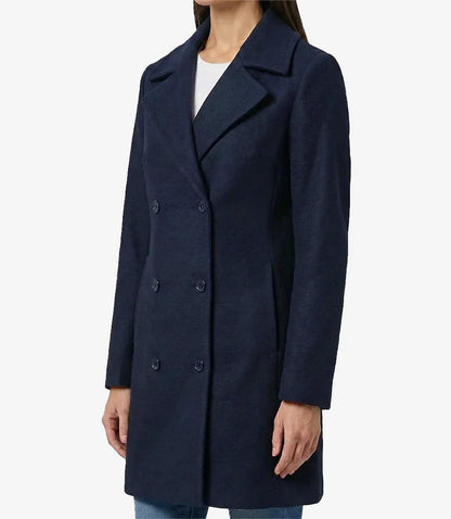 Womens 3/4 Length Navy Blue Double Breasted Wool Coat