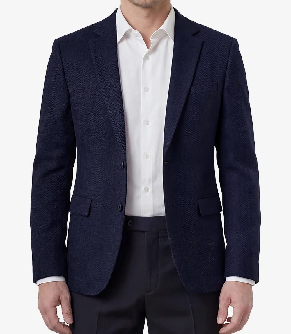 Mens Navy Blue Herringbone Wool Blend Blazer Jacket