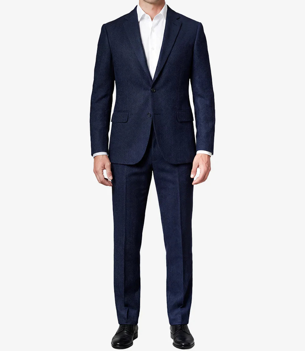 Mens Navy Blue Herringbone Wool Blend 2 Piece Suit