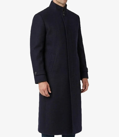 Men's Long Wool Blend Navy Blue Overcoat