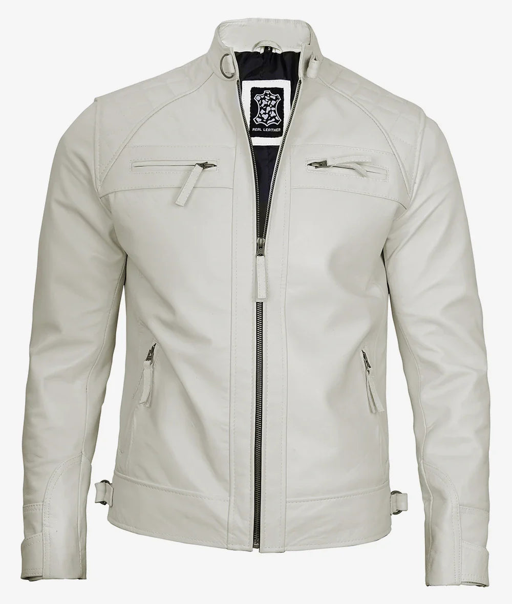 Men's Off White Biker Style Leather Jacket - Quilted Shoulder