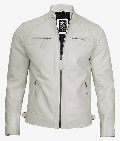 Men's Off White Biker Style Leather Jacket - Quilted Shoulder
