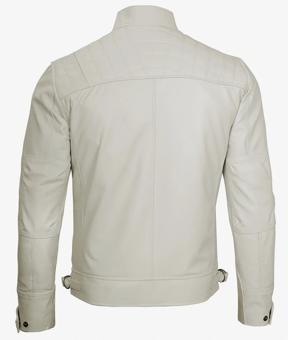 Men's Off White Biker Style Leather Jacket - Quilted Shoulder