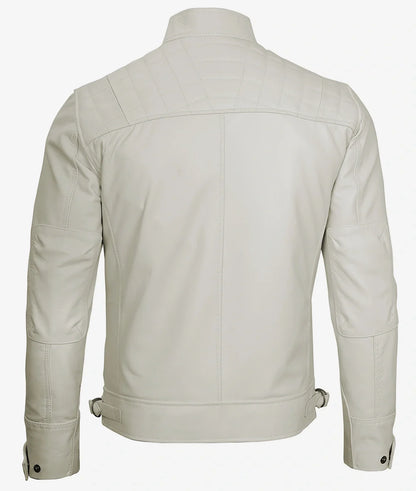 Men's Off White Biker Style Leather Jacket - Quilted Shoulder