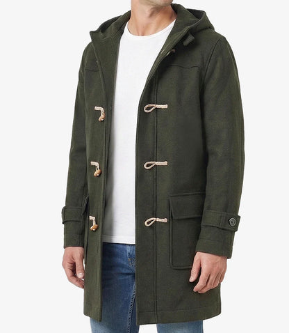 Mens Olive Green Hooded Duffle Wool Coat