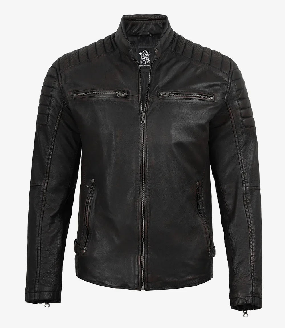 Men's Maroon Distressed Black Washed Leather Jacket - Biker Style