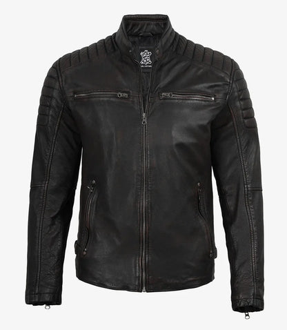 Men's Maroon Distressed Black Washed Leather Jacket - Biker Style
