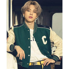 Green and White Park Jimin Varsity Jacket