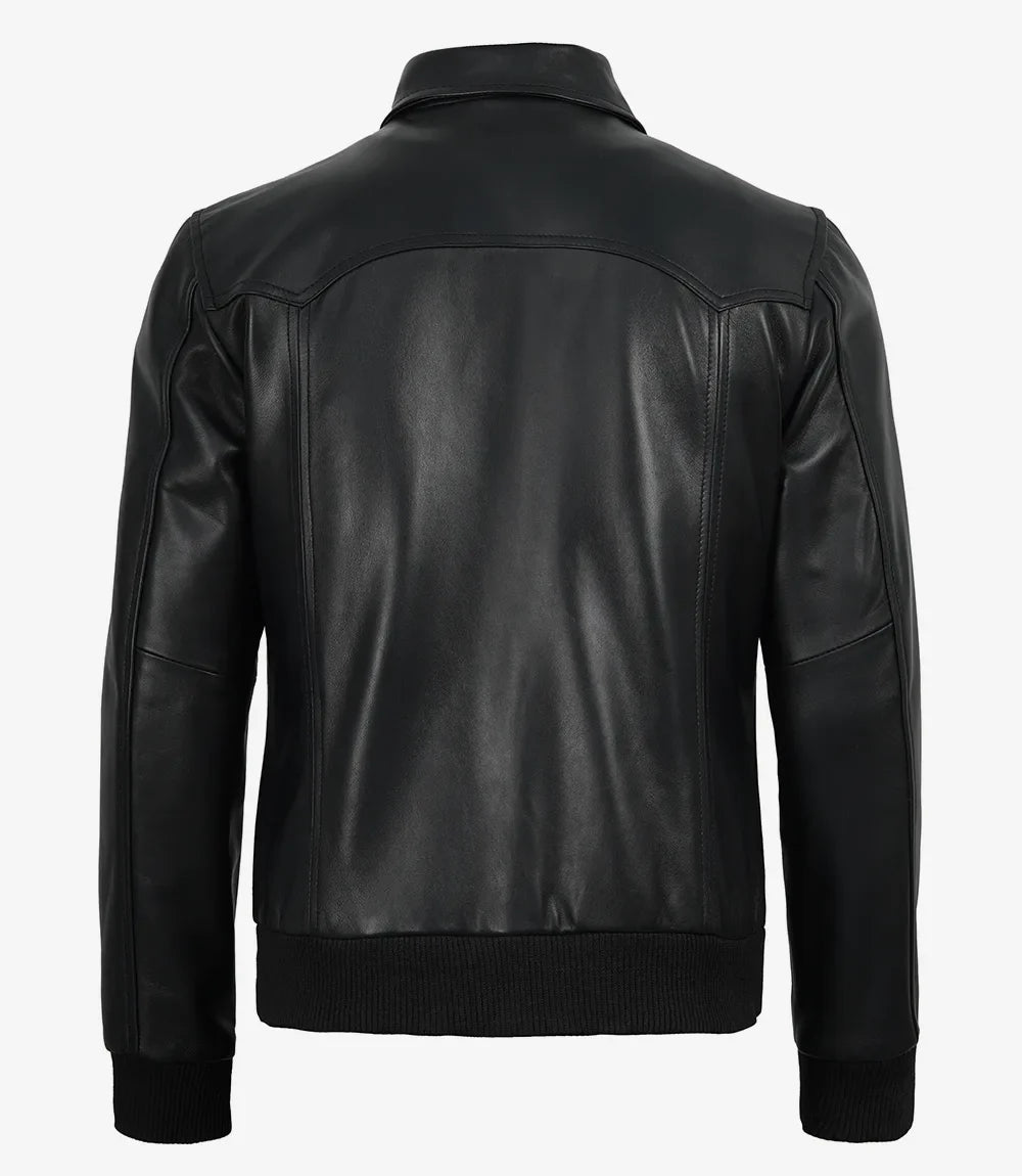 Men’s Premium Black Leather Bomber Jacket – Classic Shirt Collar