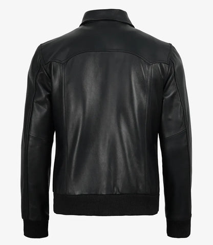 Men’s Premium Black Leather Bomber Jacket – Classic Shirt Collar