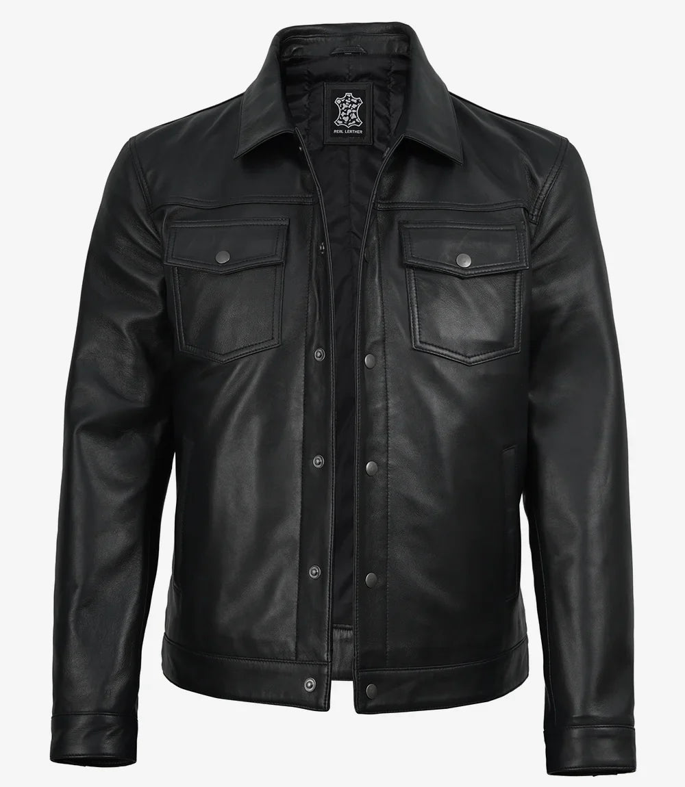 Men’s Premium Black Leather Shirt Jacket | Snap-Button Front