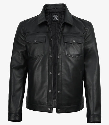 Men’s Premium Black Leather Shirt Jacket | Snap-Button Front