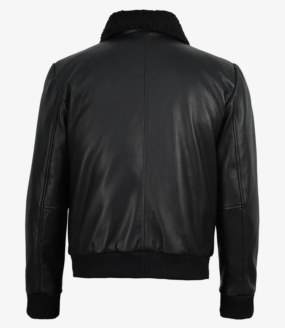 Men's Black Leather Aviator Jacket with Detachable Faux Shearling Collar