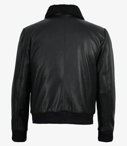 Men's Black Leather Aviator Jacket with Detachable Faux Shearling Collar