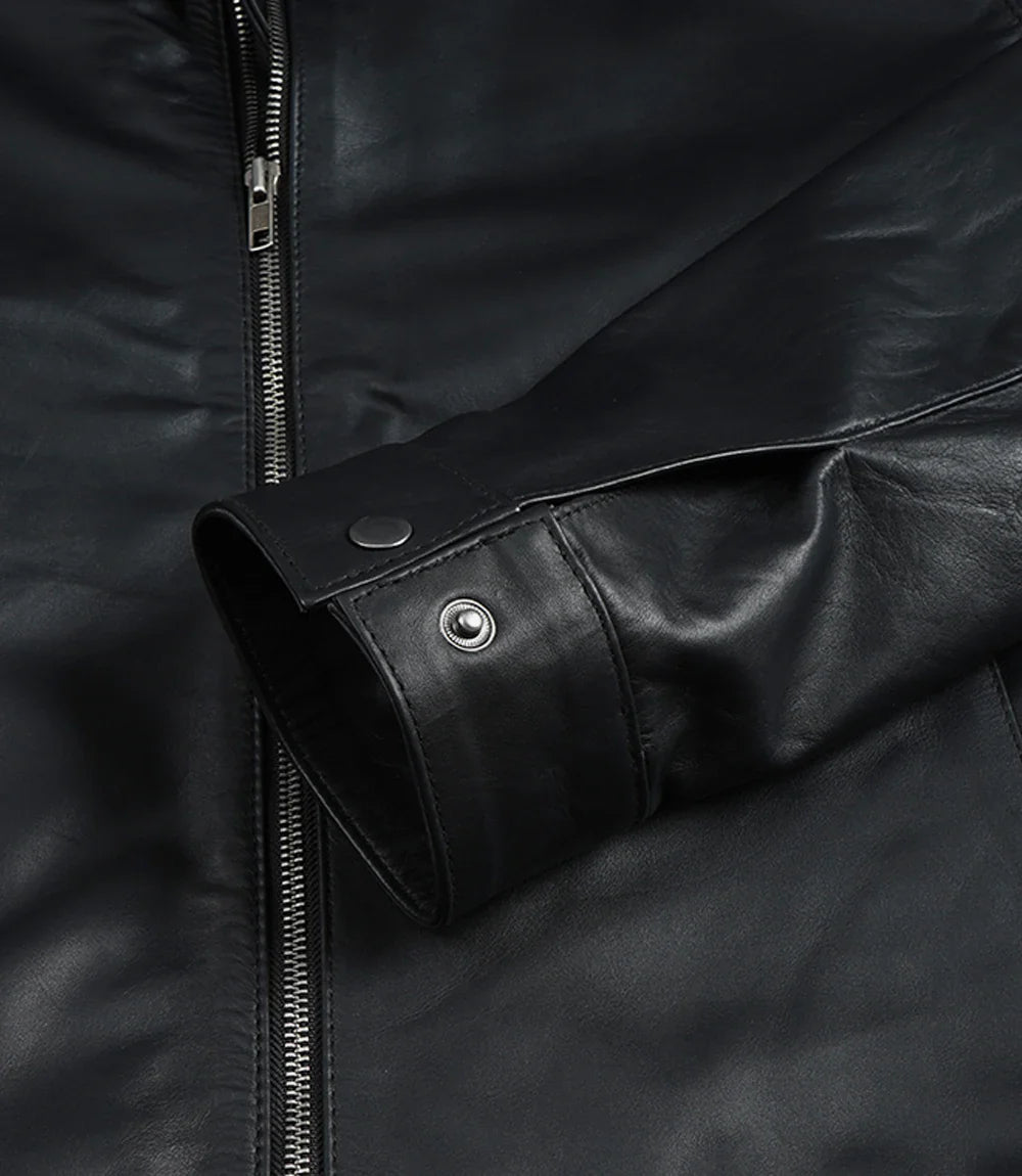 Michael Men's Black Cowhide Leather Jacket with Shirt Collar