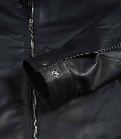 Michael Men's Black Cowhide Leather Jacket with Shirt Collar