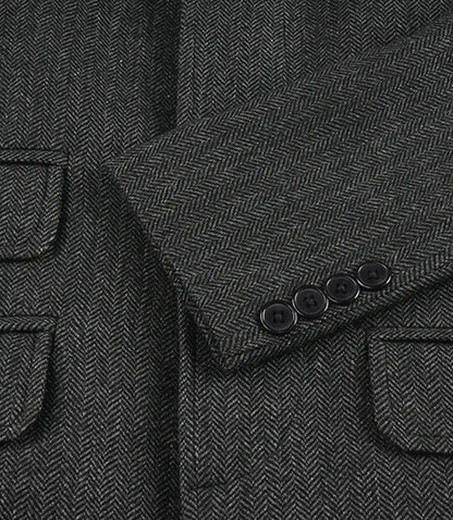 Grey Herringbone Wool Blend 3/4 Length Coat for Men