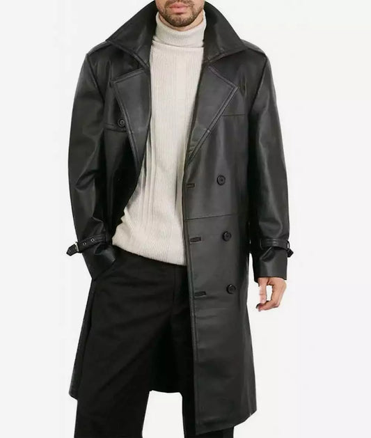 Mens Black Knee Length Leather Coat — Double-Breasted style