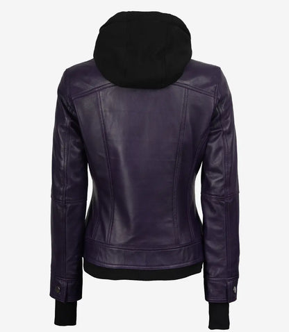 Women's Purple Bomber Leather Jacket - Removable Hood