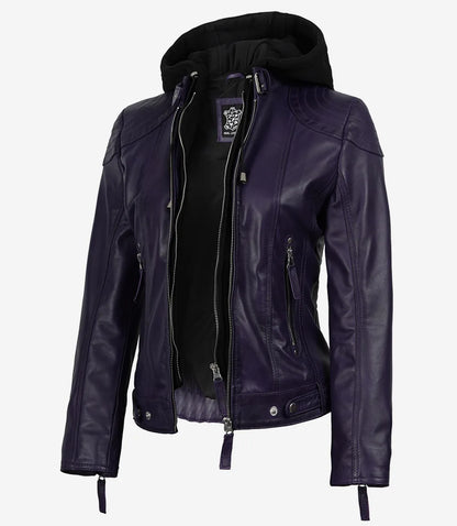 Women’s Purple Waxed Real Leather Jacket with Removable Hood