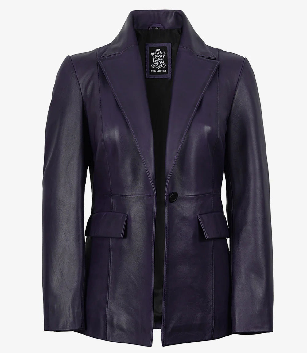 Womens Single Button Purple Waxed Leather Blazer