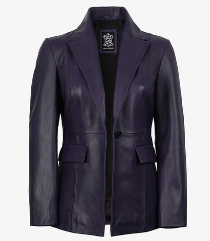 Womens Single Button Purple Waxed Leather Blazer