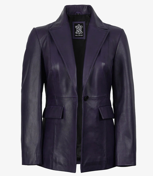 Womens Single Button Purple Waxed Leather Blazer