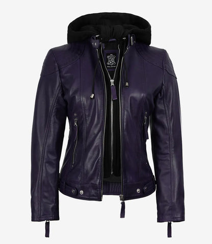 Women’s Purple Waxed Real Leather Jacket with Removable Hood